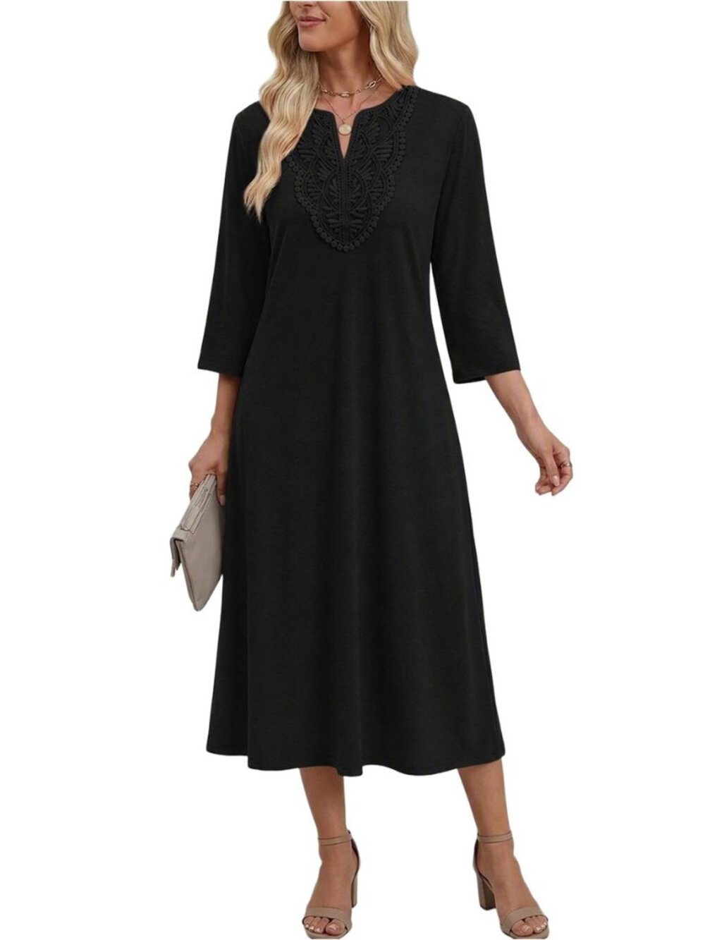 3/4 Sleeve Dress for Women Midi Dresses V Neck Lace Casual Sundress